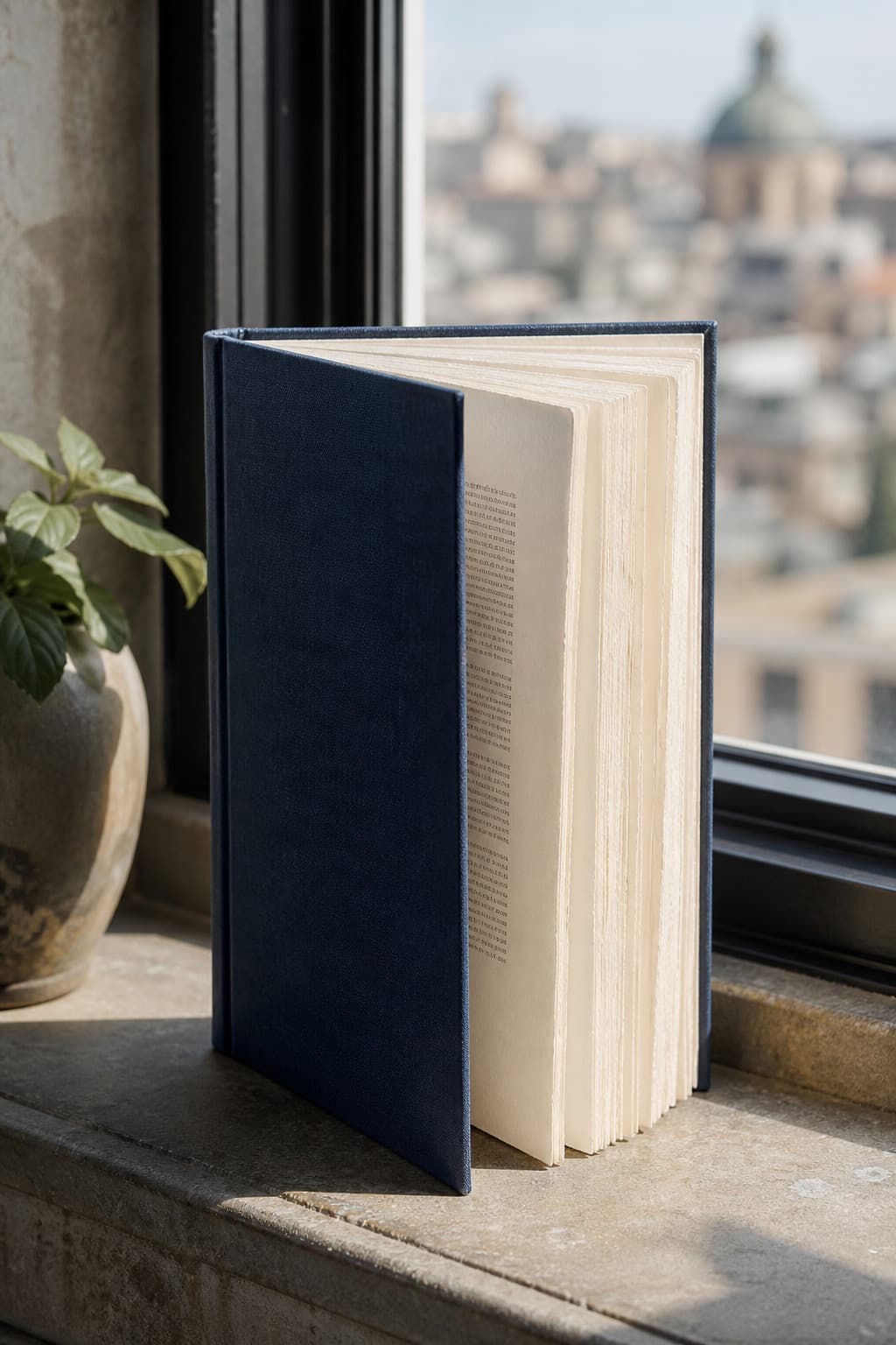 A bound research report standing open on a sunlit windowsill, cream pages catching the light.