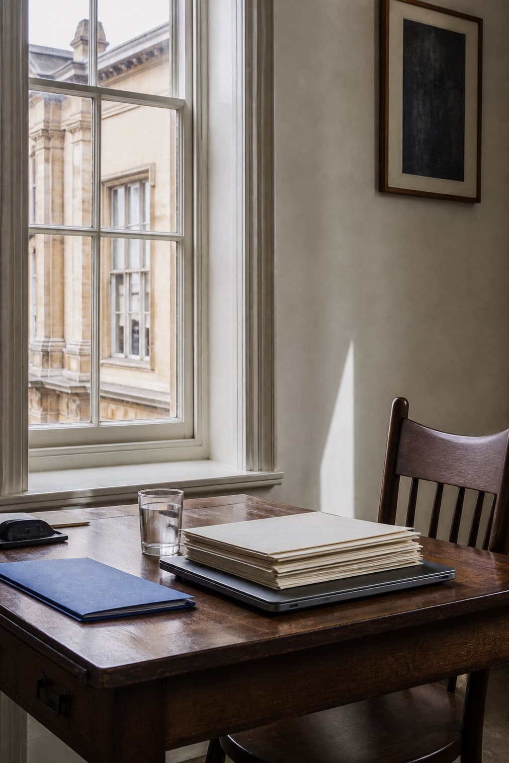 A quiet morning study with a sash window, a closed laptop, and a stack of documents.